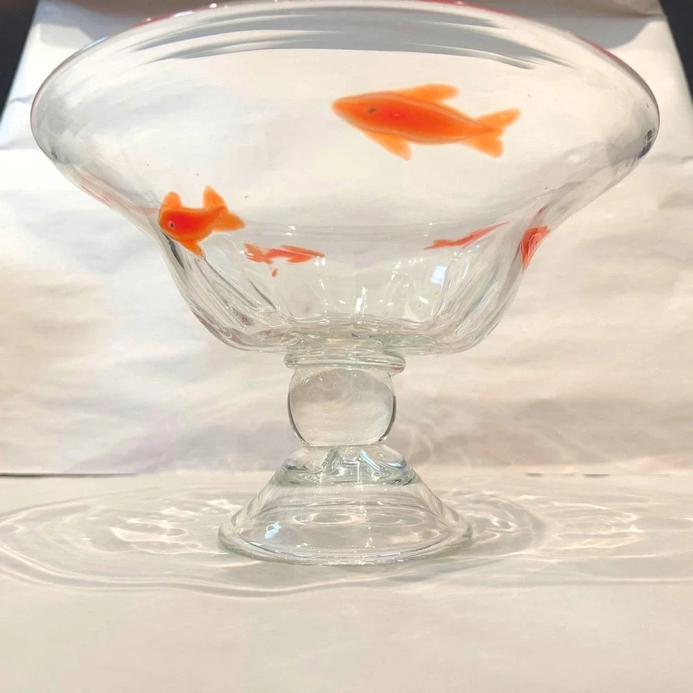 Crate and Barrel Go Fish Koi‎ Pedestal Bowl Hand Blown Glass Rare HTF Large